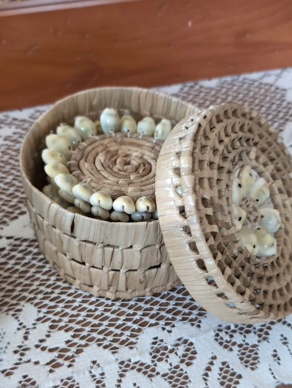 Handcrafted Coastal Seagrass Basket & Cowrie Shell Coaster Set Boho Beachy Decor